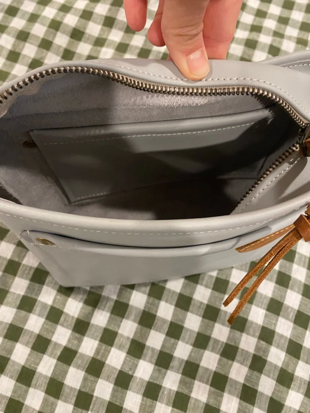 Leather Light Gray Crossbody Bag with Tan Leather Accents - Picture 5 of 8
